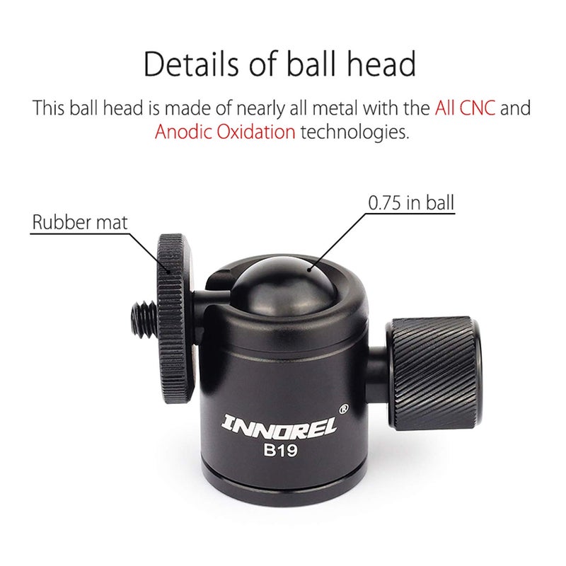 Innorel Mini Tripod Ball Head-INNOREL B19 Mount Head-Metal Ballhead 360Â° Pan 90Â° Tilt Tripods Mount with 3/8" to 1/4" Adapter CNC Ballheads,Max Load 6.61 lb for Phone/DLSR Camera/Mini Holder (1 Piece) - Image 5